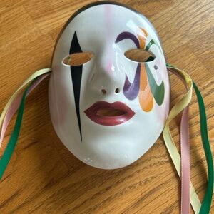 Vintage Hand Painted Ceramic Art Mask with Ribbons